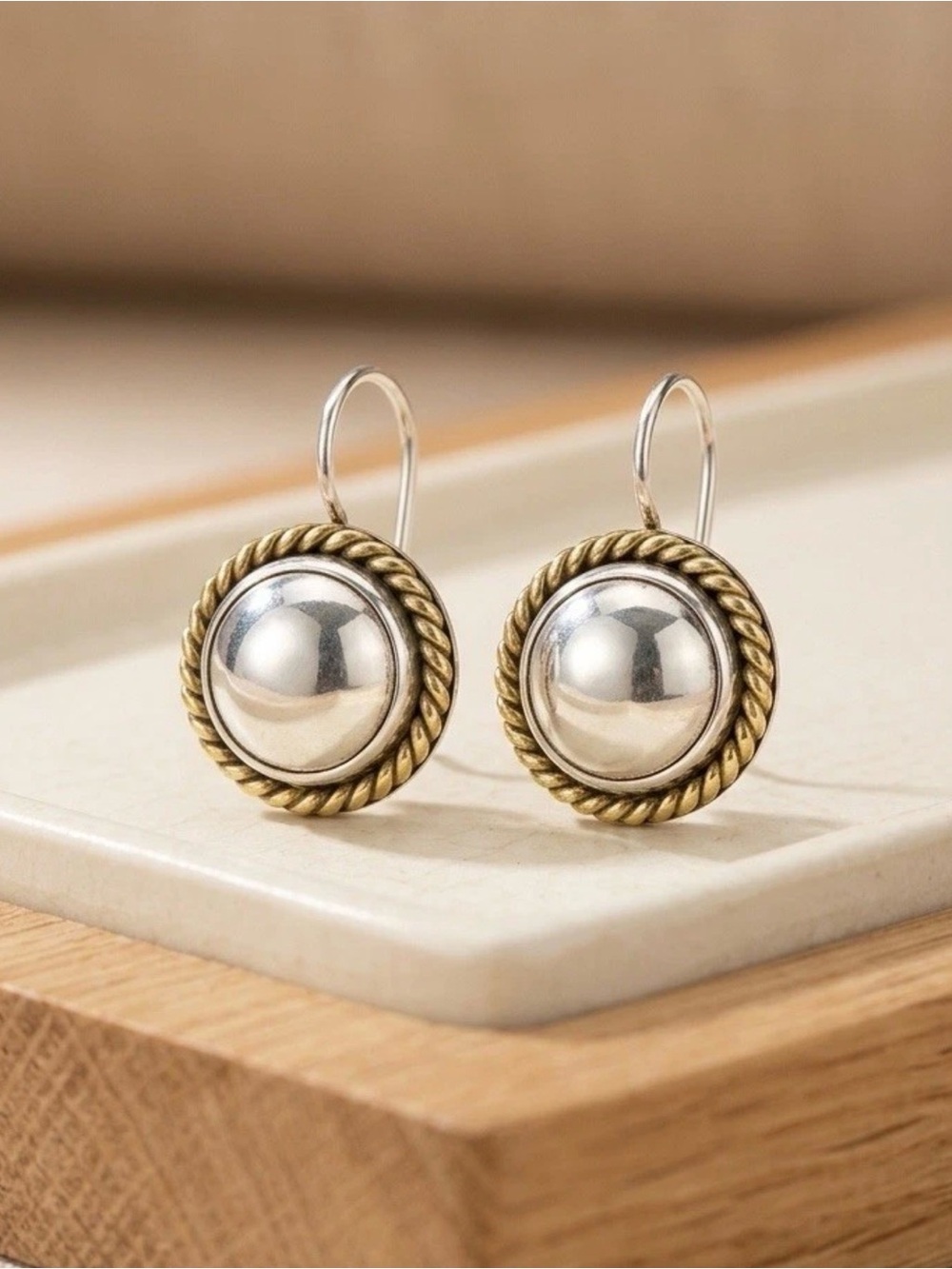 Sterling Silver and Gold-Tone Vintage Rope Border Drop Earrings